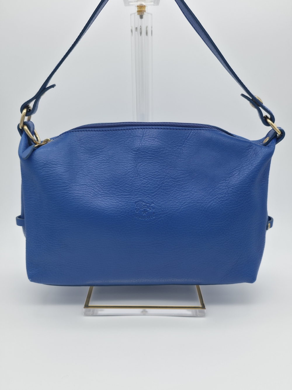 IL BISONTE Blue Pebbled Leather Zip Shoulder Bag Gold Hardware Made in Italy